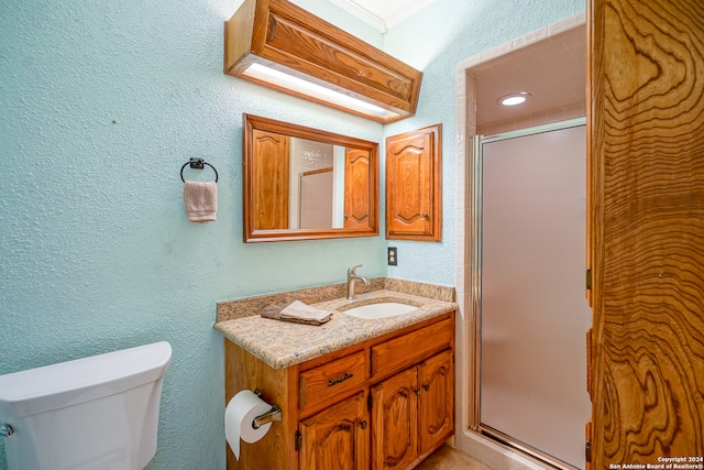 bathroom featuring vanity, toilet, and a shower with door