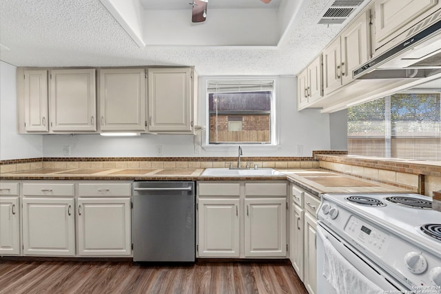 kitchen with white electric stove, white cabinetry, stainless steel dishwasher, and sink