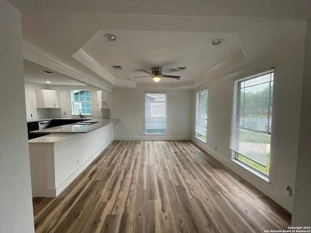 unfurnished living room featuring light hardwood / wood-style floors, a tray ceiling, and crown molding