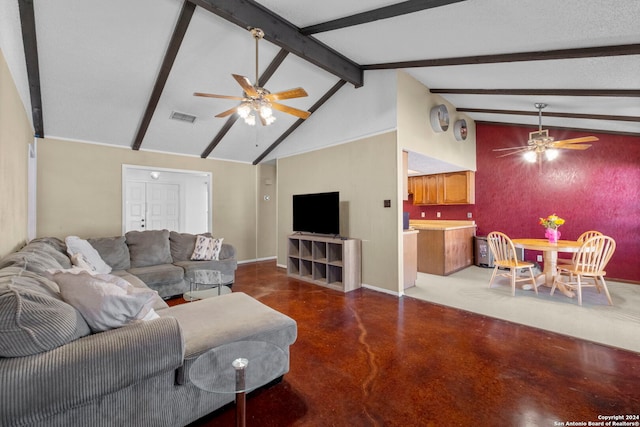 living room with high vaulted ceiling, ceiling fan, and beamed ceiling