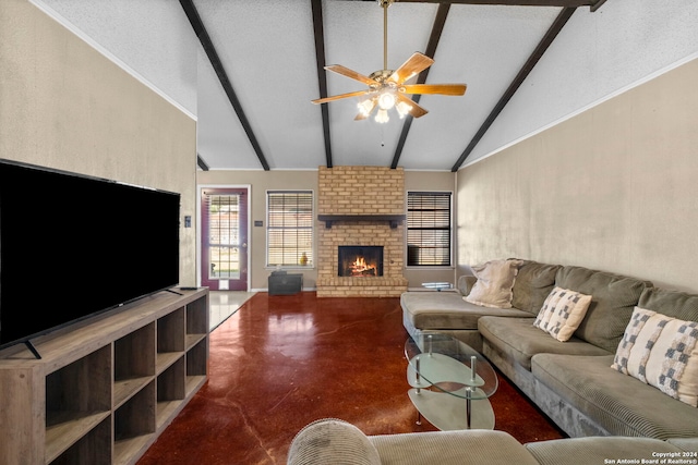 living room with beam ceiling, ceiling fan, a brick fireplace, and high vaulted ceiling