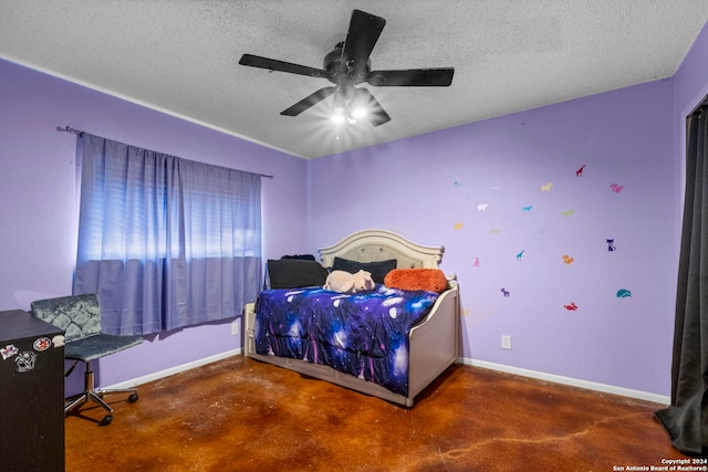 carpeted bedroom with ceiling fan and a textured ceiling