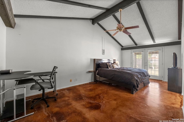 bedroom with ceiling fan, vaulted ceiling with beams, french doors, a textured ceiling, and access to exterior