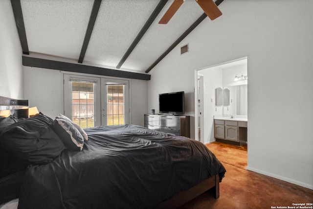 bedroom with ceiling fan, carpet flooring, french doors, ensuite bathroom, and access to exterior