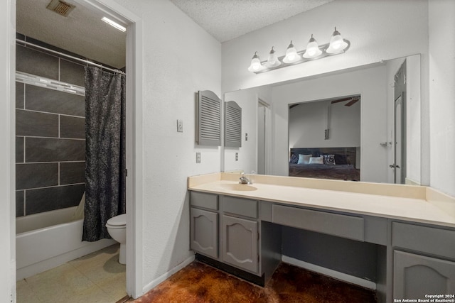 full bathroom with shower / bathtub combination with curtain, a textured ceiling, vanity, and toilet