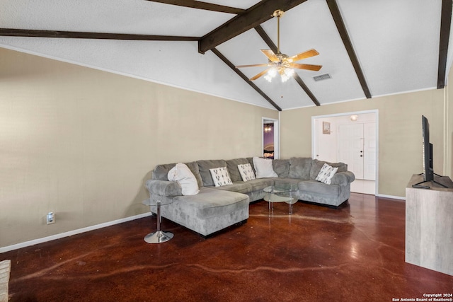 living room with ceiling fan, beam ceiling, and high vaulted ceiling