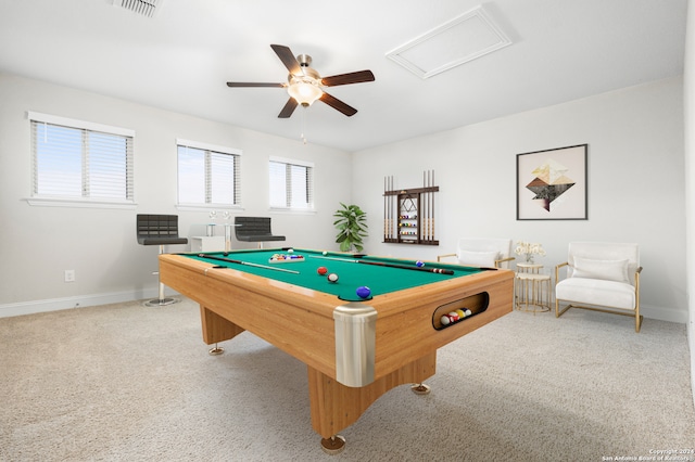 game room featuring ceiling fan, billiards, and carpet floors