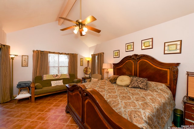 tiled bedroom featuring beamed ceiling, high vaulted ceiling, and ceiling fan