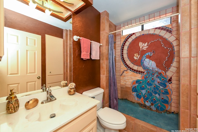 bathroom with vanity, toilet, and a shower with shower curtain