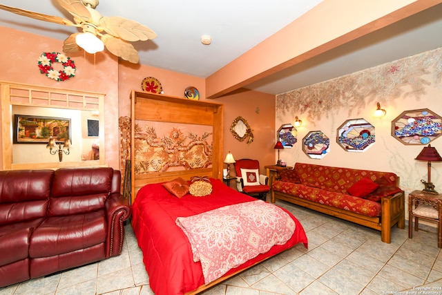 bedroom featuring tile patterned flooring and ceiling fan