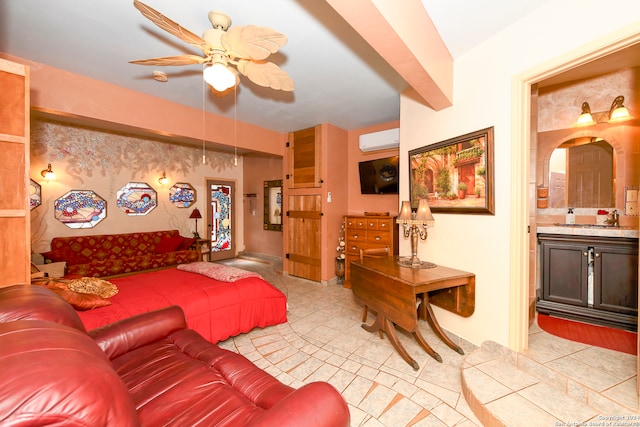 tiled living room featuring ceiling fan, sink, and a wall mounted air conditioner