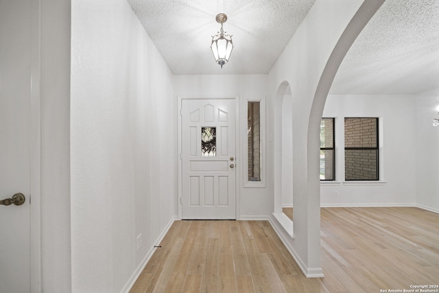 entrance foyer with a textured ceiling, light hardwood / wood-style flooring, and plenty of natural light