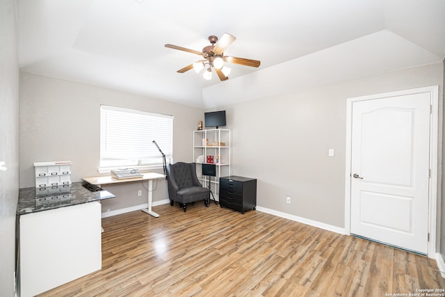 sitting room with lofted ceiling, ceiling fan, and light hardwood / wood-style flooring