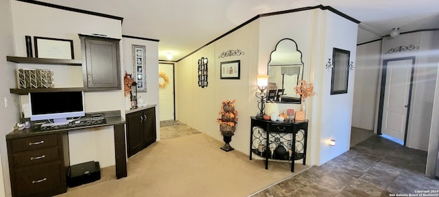 hallway with carpet floors and crown molding