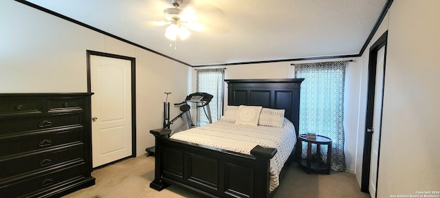 bedroom featuring lofted ceiling, light carpet, crown molding, and ceiling fan