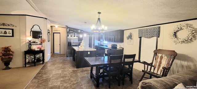 dining area with crown molding, vaulted ceiling, a notable chandelier, and a textured ceiling