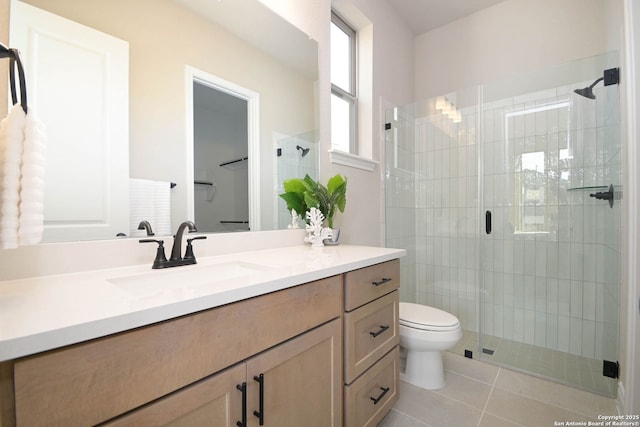 bathroom with tile patterned flooring, vanity, toilet, and an enclosed shower