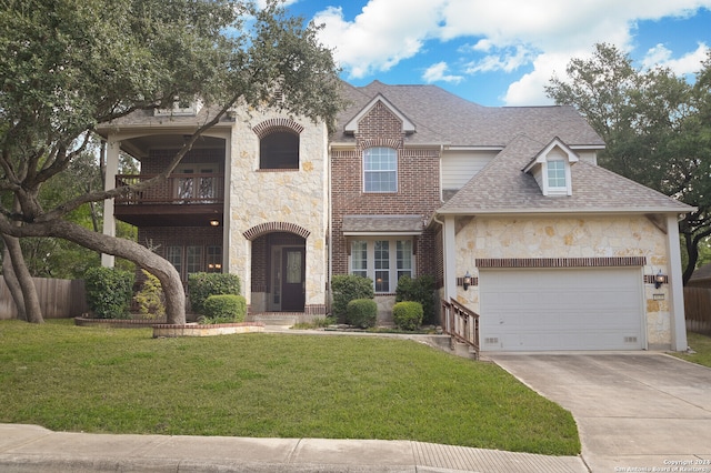 view of front facade featuring a balcony and a front lawn