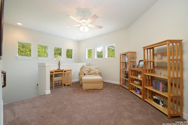 living area featuring ceiling fan and dark carpet