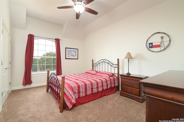 carpeted bedroom with ceiling fan