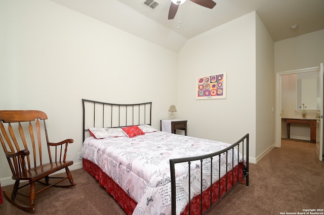 carpeted bedroom with lofted ceiling and ceiling fan