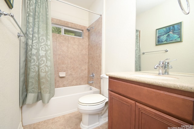 full bathroom with shower / bath combination with curtain, vanity, toilet, and tile patterned floors