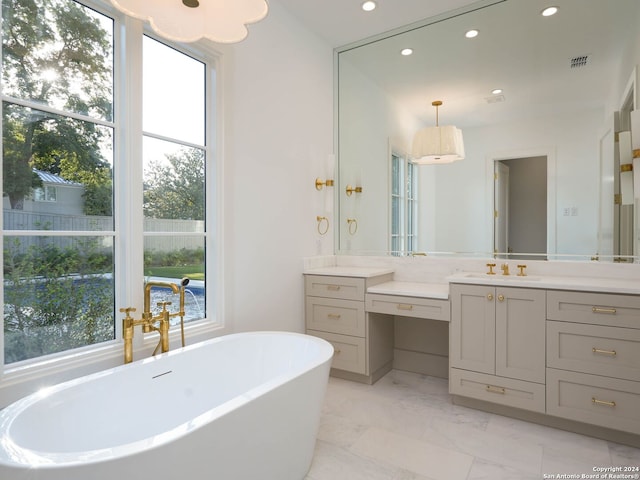 bathroom featuring vanity, plenty of natural light, and a bath