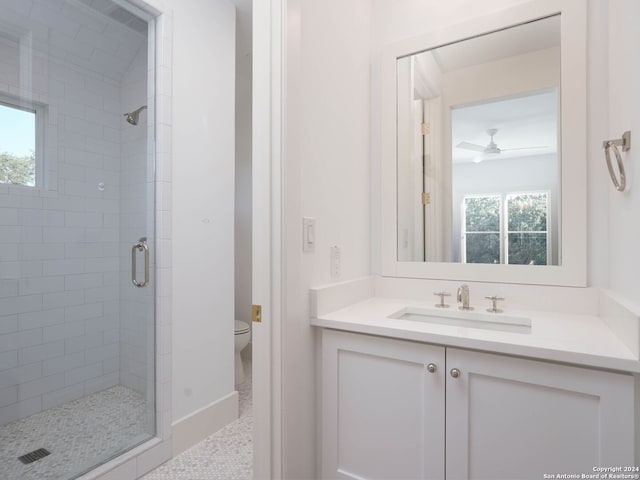 bathroom with toilet, an enclosed shower, a healthy amount of sunlight, and vanity