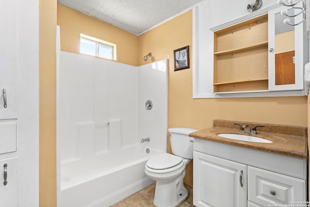 full bathroom with tile patterned flooring, shower / bath combination, toilet, vanity, and a textured ceiling