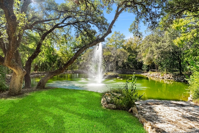 view of community with a water view and a lawn