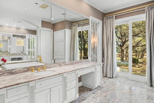 bathroom featuring vanity, crown molding, and plenty of natural light