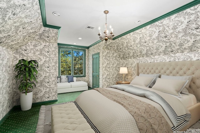 bedroom with carpet, ornamental molding, and an inviting chandelier