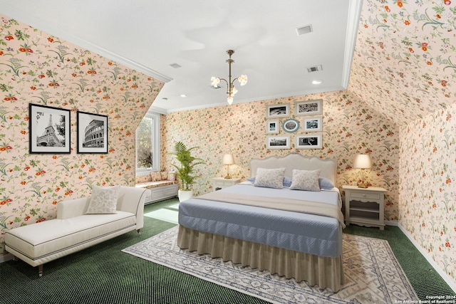 bedroom with crown molding, carpet flooring, and a chandelier