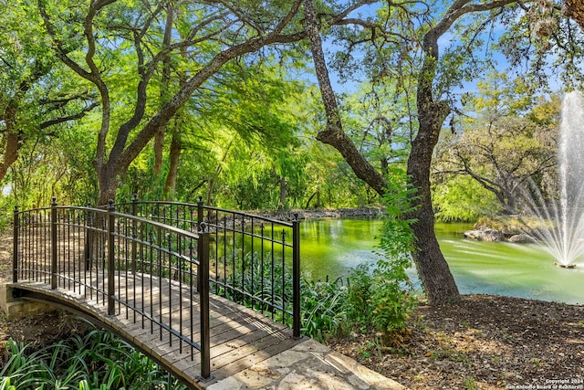 exterior space with a water view