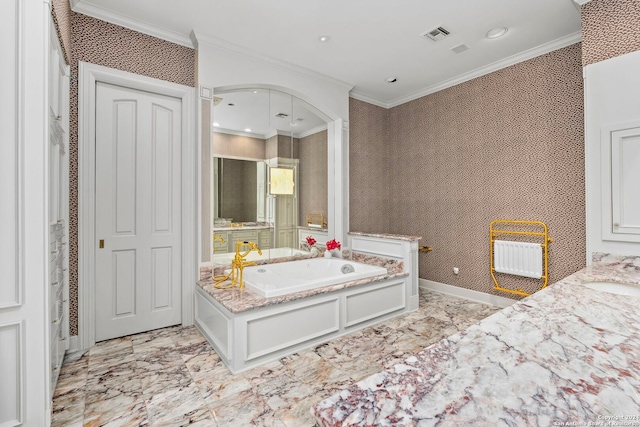 bathroom featuring radiator, crown molding, and a bathing tub