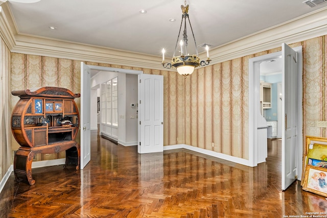 dining area featuring an inviting chandelier, dark parquet flooring, and crown molding