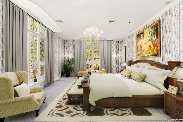 bedroom with a notable chandelier, light carpet, and crown molding