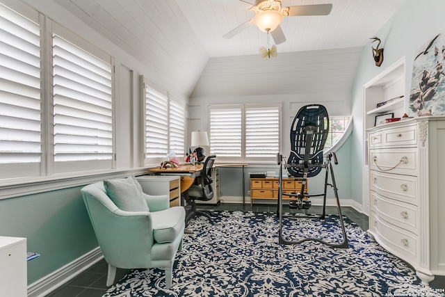 office area with ceiling fan, vaulted ceiling, built in shelves, and wooden ceiling