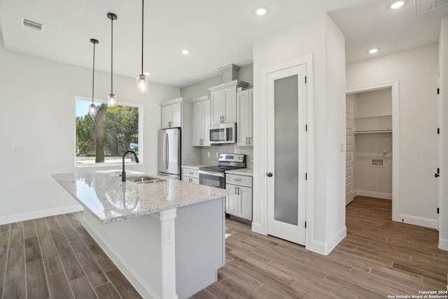 kitchen with appliances with stainless steel finishes, an island with sink, light hardwood / wood-style flooring, and sink