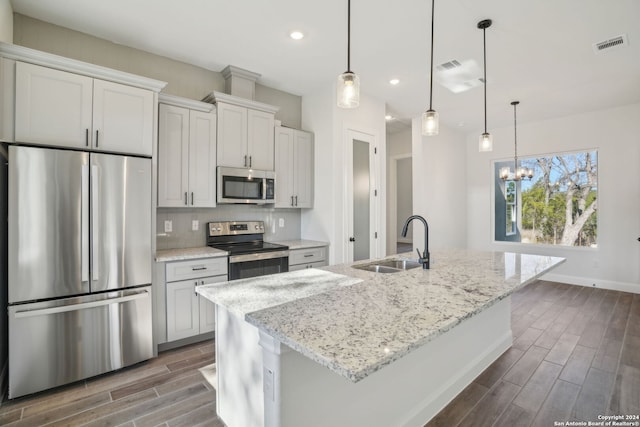 kitchen featuring white cabinetry, sink, decorative light fixtures, a kitchen island with sink, and appliances with stainless steel finishes