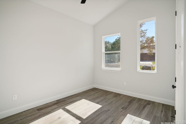 unfurnished room featuring a wealth of natural light, dark hardwood / wood-style flooring, and lofted ceiling