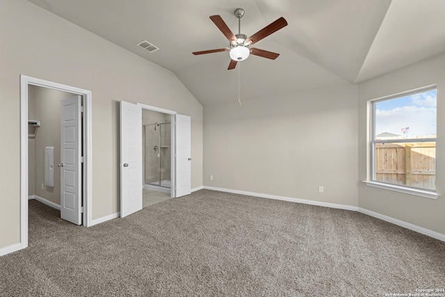 unfurnished room with ceiling fan, carpet, and vaulted ceiling