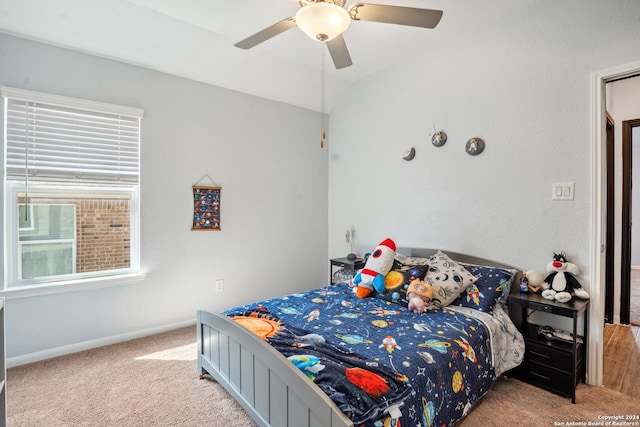 bedroom featuring light carpet and ceiling fan