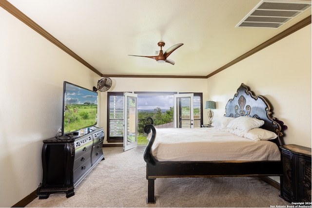 bedroom with light carpet, access to exterior, ornamental molding, and ceiling fan