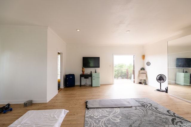 living room with light hardwood / wood-style flooring and crown molding