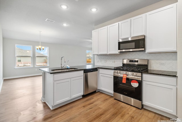 kitchen featuring white cabinetry, stainless steel appliances, kitchen peninsula, and sink