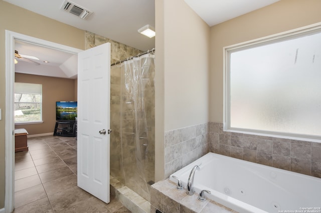 bathroom with ceiling fan, tile patterned flooring, and independent shower and bath