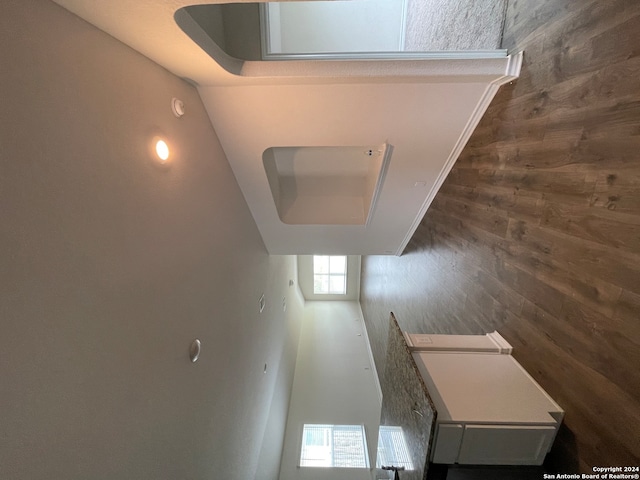 corridor featuring dark wood-type flooring and wood walls