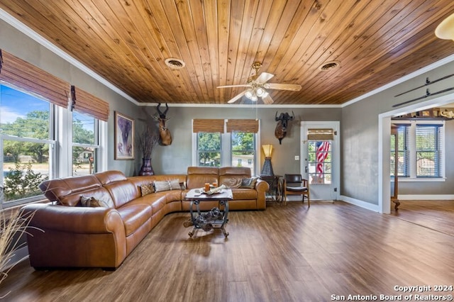 living room featuring ornamental molding, plenty of natural light, hardwood / wood-style flooring, and wood ceiling