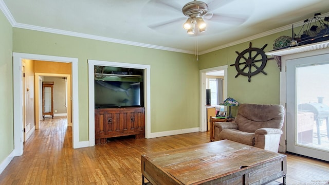 living room featuring ceiling fan, a wealth of natural light, crown molding, and light hardwood / wood-style flooring